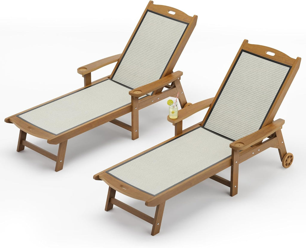LUE BONA Chaise Lounge Chair Outdoor, HDPS and HDPE Wicker Material, Patio Lounge Chair with Adjustable Backrest, Resin Pool Lounge Chairs with Wheels for Backyard, Poolside and Deck,Teak