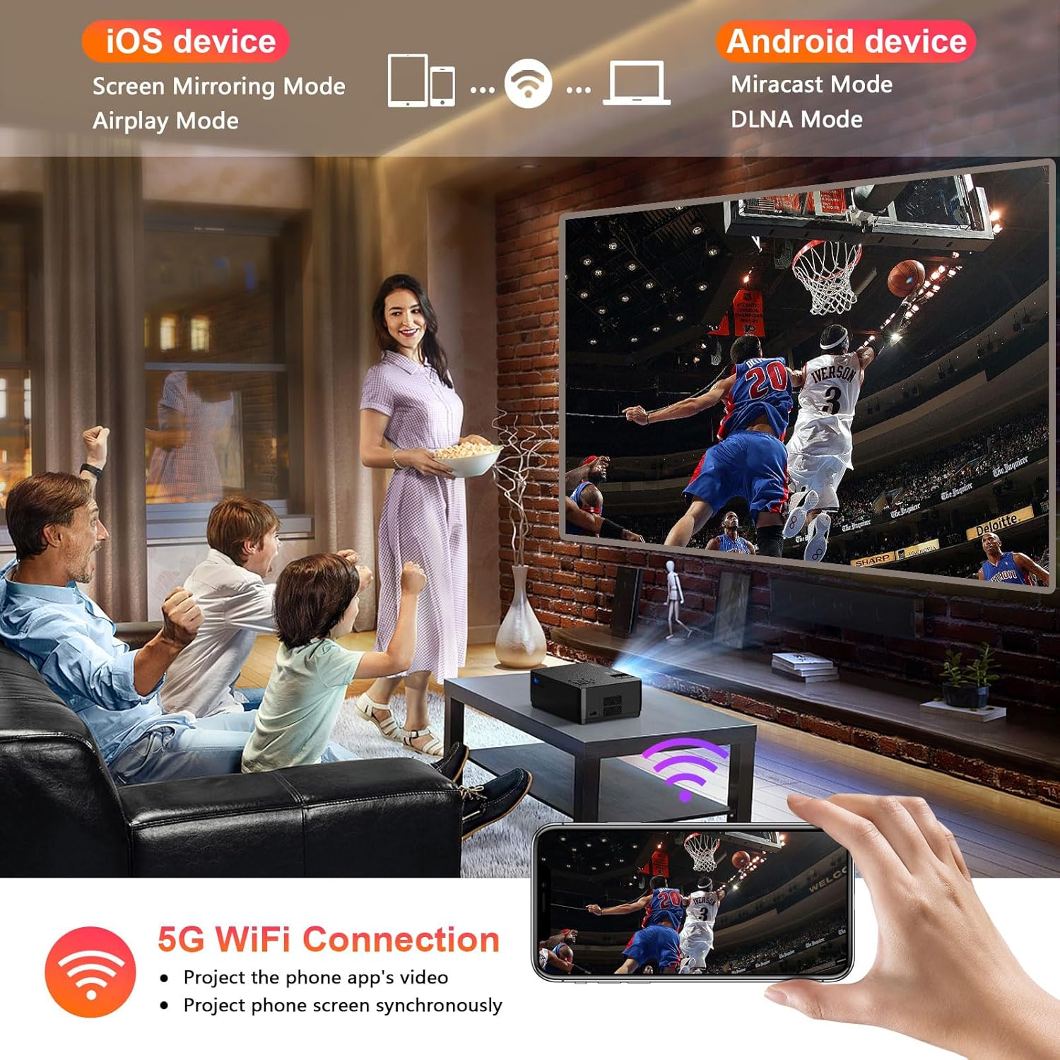 CEBORY Native 1080P Projector with Wifi and Bluetooth, 15000LM Full HD Movie Projector Include Screen and Carrying Bag,4K Proyectores Compatible with HDMIUSB/PHONE/Laptop, for Home, Bedroom, Outdoor