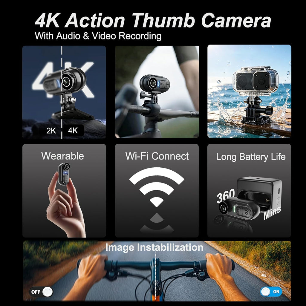 4K Mini Wearable Body Camera - 128GB Magnetic Thumb-Size Action Cam, 6-Axis Stabilization, Audio/Video Recording, Hands-Free POV for Vloggers, Hikers, Workers, Cycling, Travel & Daily Use