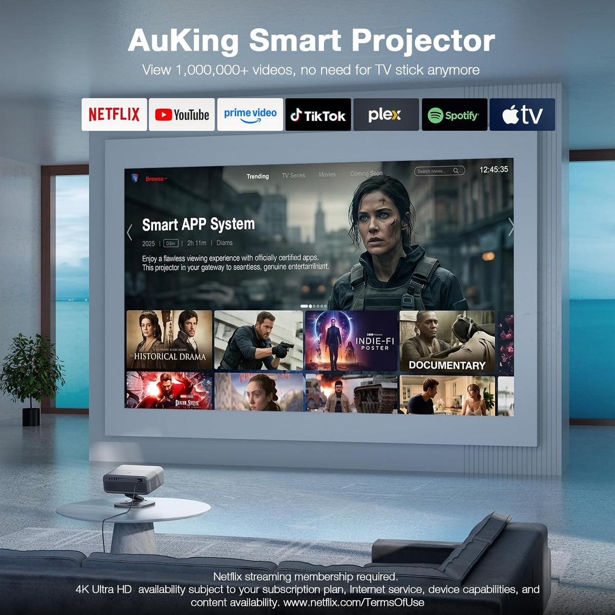Now with Netflix & 4000 ANSI 4K Projector with WiFi and Bluetooth,TOF Real-Time Auto Focus Smart Projector, Upgrade for AuKing Overhead Projectors Theater Proyector with Omni-Adjustable Stand(grey)