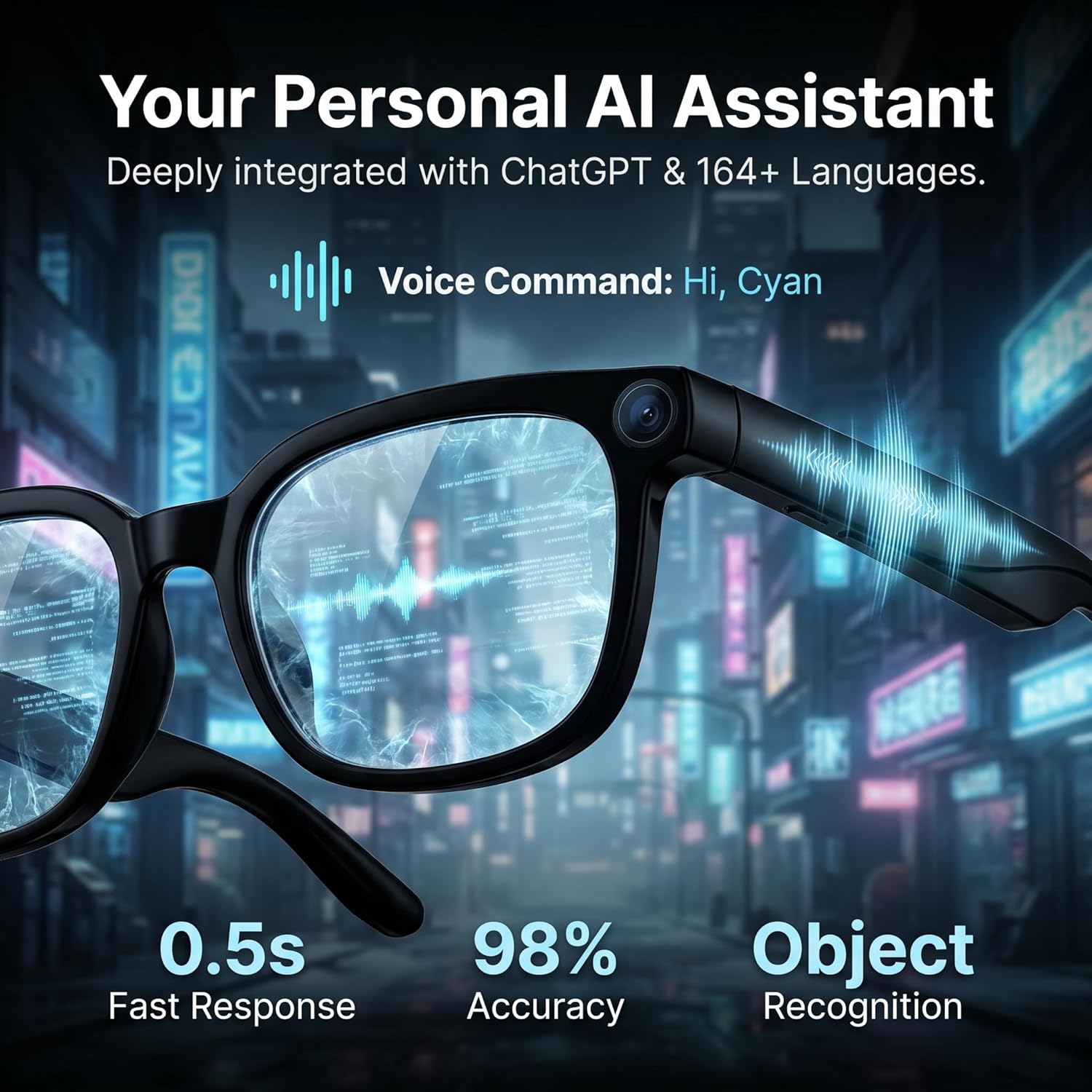AI Smart Glasses with Camera, 4K HD Video Audio Recording, 164+ Languages Real-Time Translation Bluetooth Sunglasses, AI Voice Assistant, Photochromic Lenses .Voice Control Smart Glasses for Men Women
