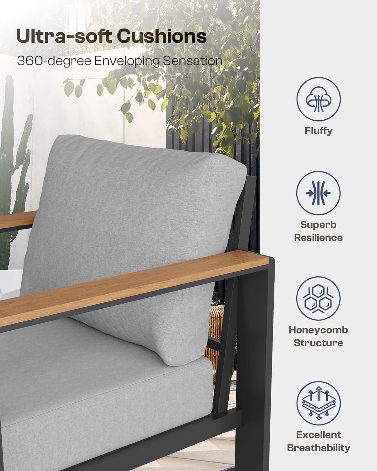 Aluminum Outdoor Patio Furniture Set with Coffee Table, 4 Piece Patio Conversation Sets with Washable Thick Cushions, Outdoor Sectional Furniture Set for Poolside, Balcony, Deck, Gray