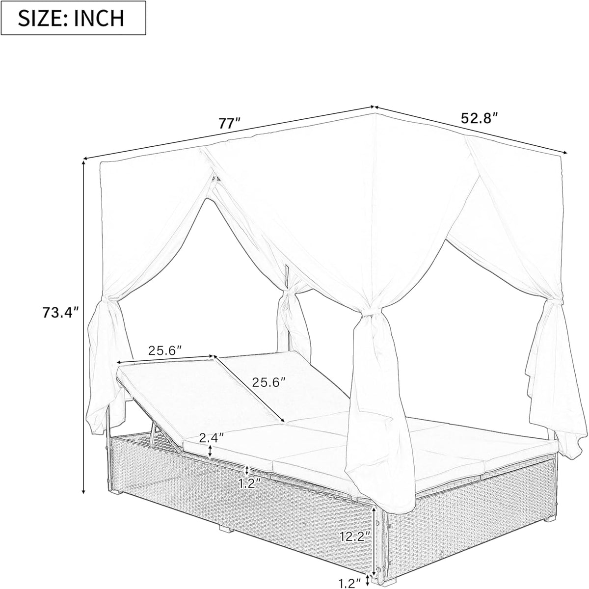 Patio Chaise Lounge, PE Rattan Outdoor Patio Wicker Sunbed Daybed with Adjustable Seats, Four-sided Canopy, Overhead Curtain and Beige Cushions for Backyard, Garden, Poolside (for 2-6 people)