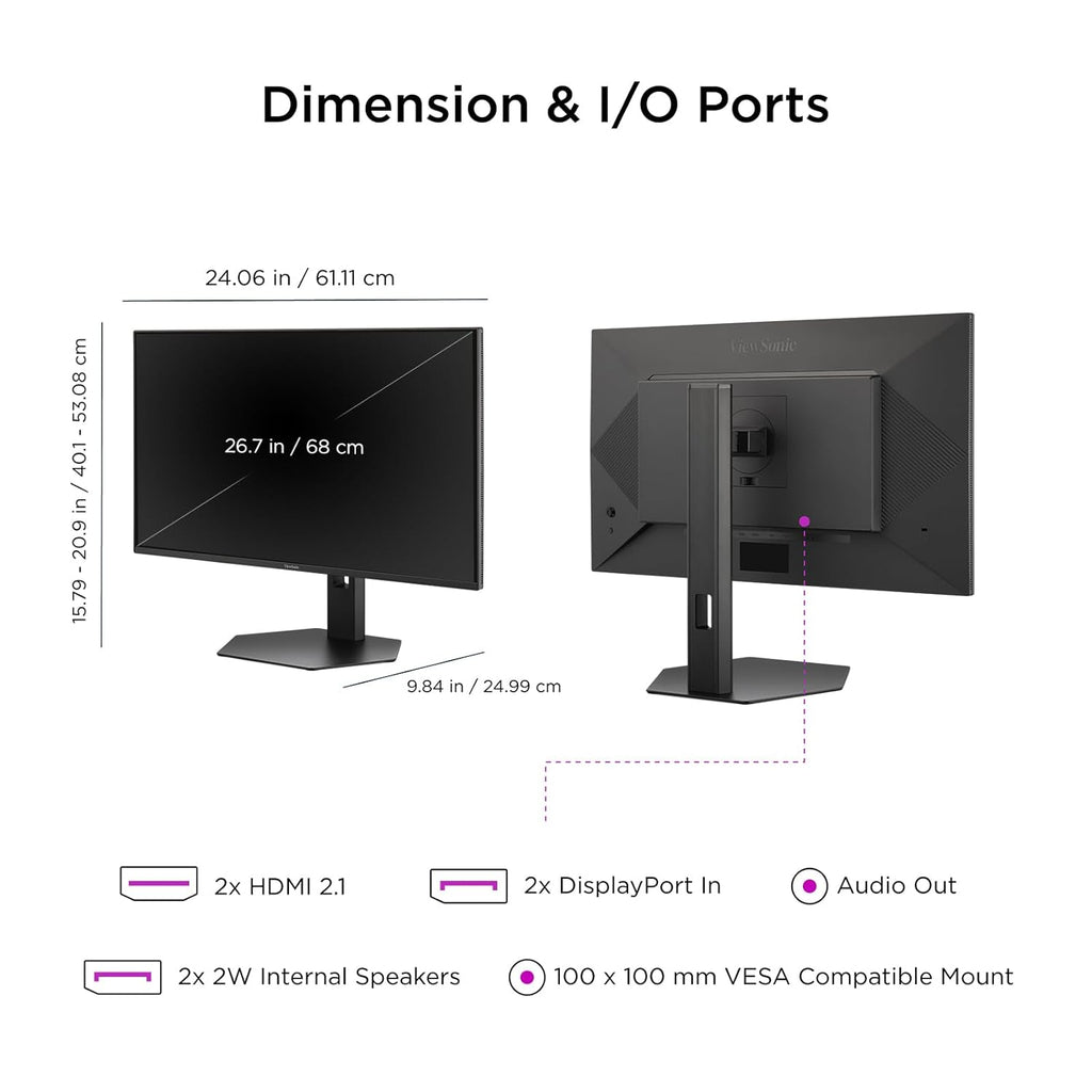 ViewSonic VX2738-2K-OLED 27 Inch 1440p Gaming Monitor, OLED Display with 240Hz and 0.03ms for Smooth Gameplay, FreeSync Premium, Eye Care Technology, Advanced Ergonomics, HDMI, and DisplayPort