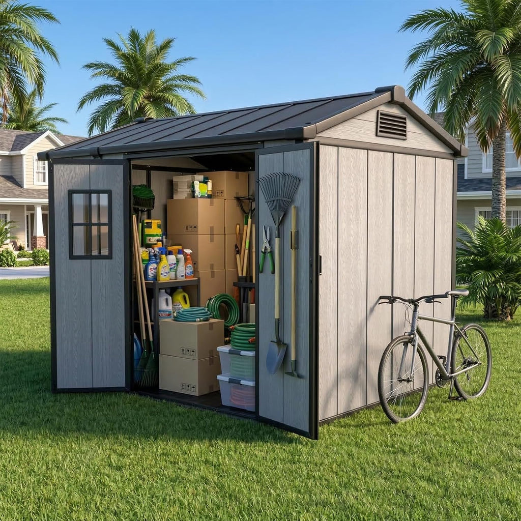 Outdoor Storage Shed, 6x8 FT, Tool Storage Shed with Floor for Patio, Backyard, Garden Tools and Bike, Light Gray