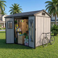 Outdoor Storage Shed, 6x8 FT, Tool Storage Shed with Floor for Patio, Backyard, Garden Tools and Bike, Light Gray