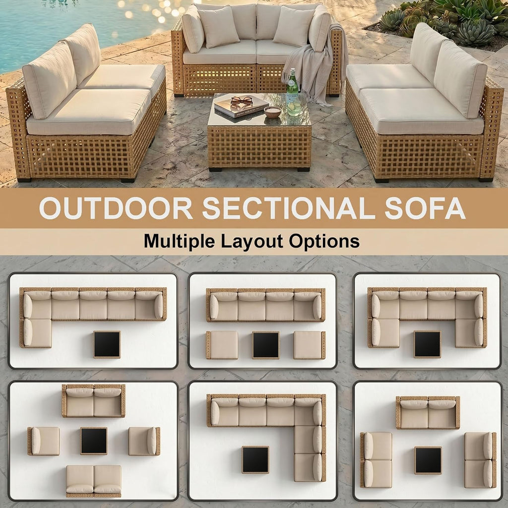 KIGOTY 7-Piece Patio Furniture Set, All-Weather PE Rattan Outdoor Sectional Sofa, Modular Wicker Conversation Set with Thick Cushions & Easy-Clean Coffee Table（Yellow/White）