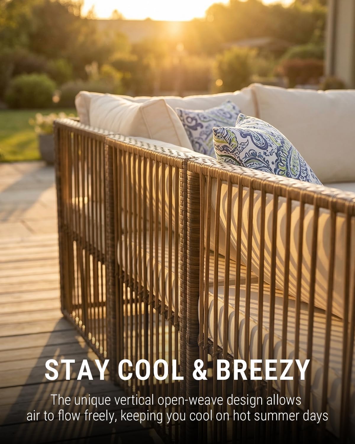 7-Piece Outdoor Patio Furniture Set, Modern PE Rattan Sectional Sofa with Adjustable Chaise Lounge, Modular All-Weather Wicker Conversation Set for Backyard, Poolside, Porch (Brown-Beige)