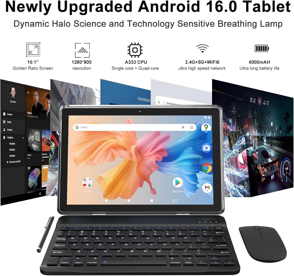 Android 16 Tablet 10 Inch, 12(3+9) GB RAM+64GB ROM, 2 in 1 Tablets with Keyboard Case Mouse Stylus, 2.0GHz Five-core Processor, 1280 * 800 IPS HD Screen, 5G WiFi6 BT 5.3 Tableta PC（Black