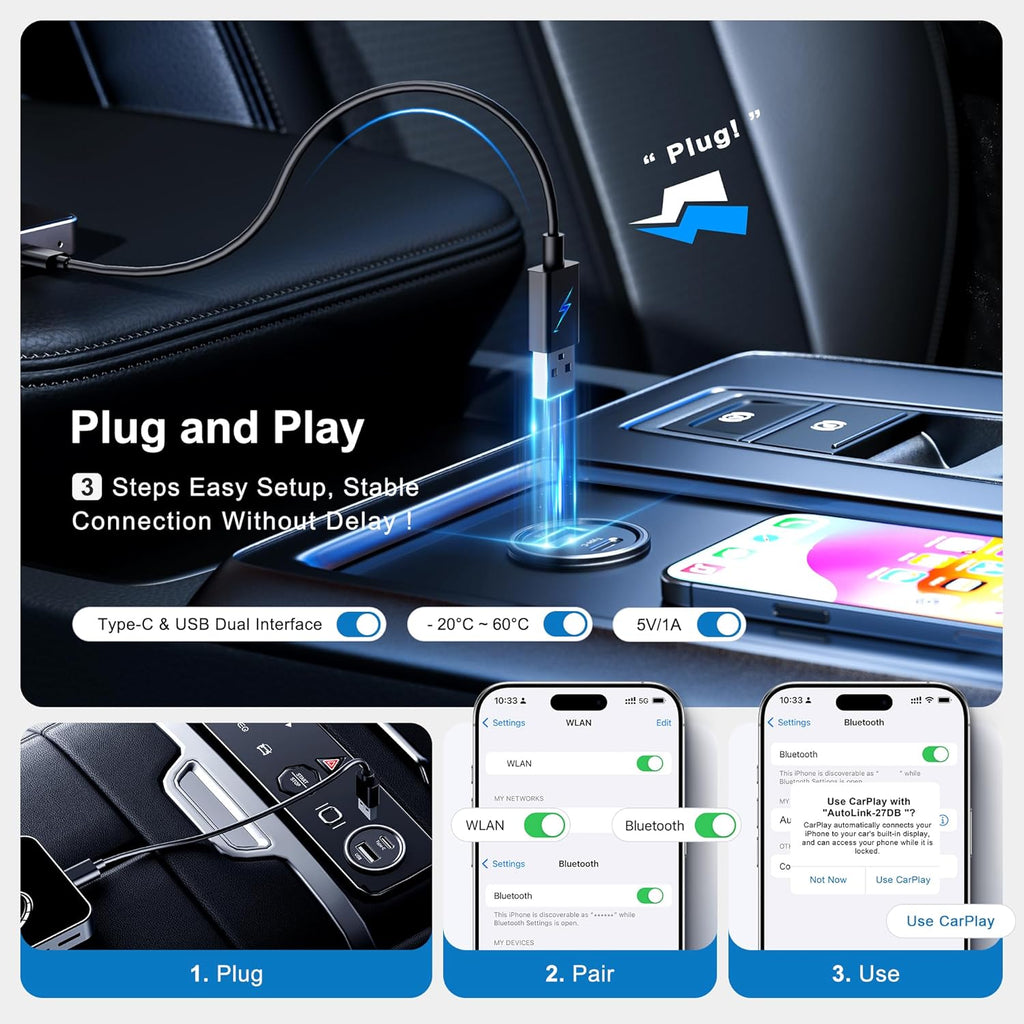 FAIMEE AI Box Wireless CarPlay & Auto Adapter - Plug & Play, Dual-Band WiFi, Bluetooth 5.0, 4K Video Support, Android 12.0 System, Compatible with Factory CarPlay & Android Auto （4GB RAM+32GB ROM）