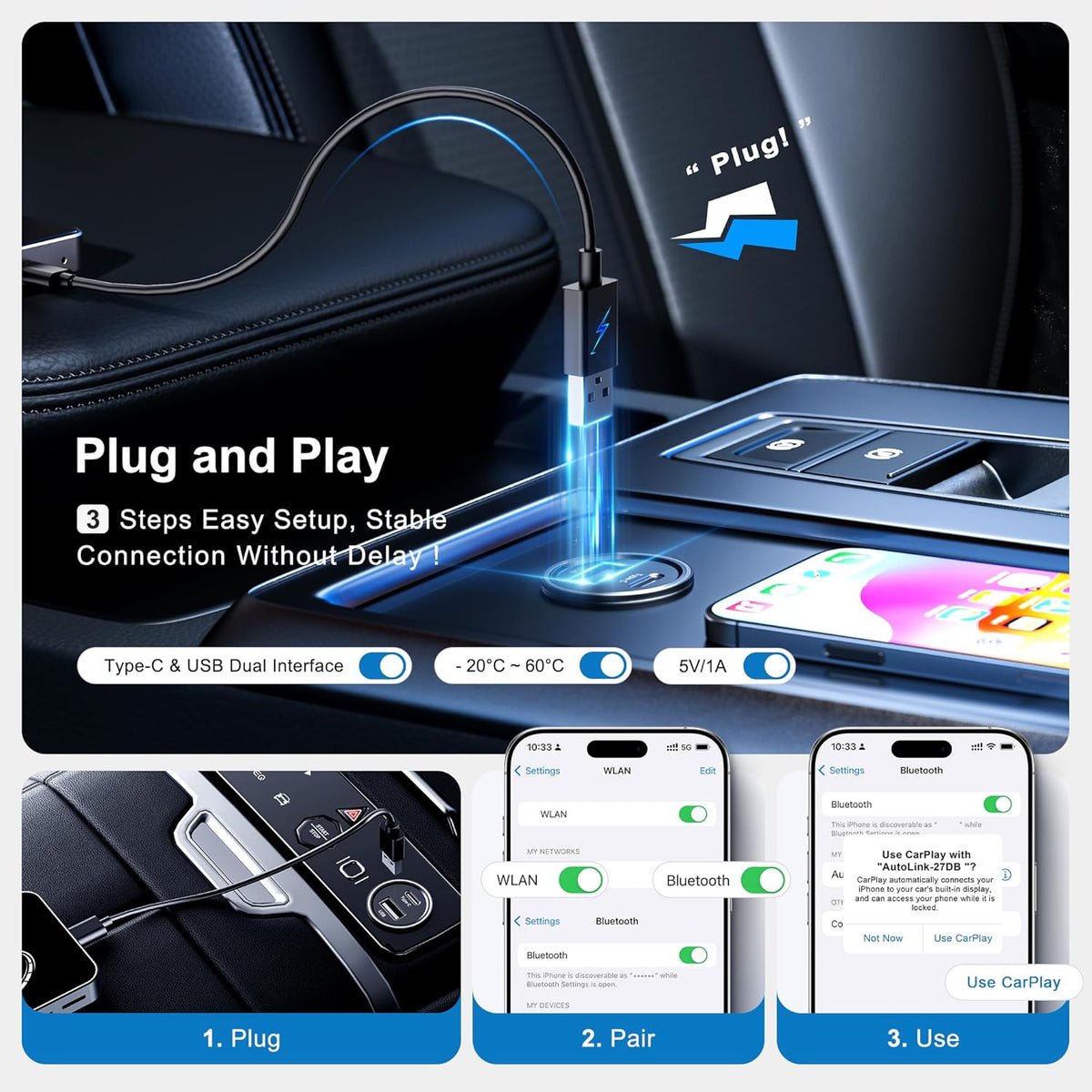 FAIMEE AI Box Wireless CarPlay & Auto Adapter - Plug & Play, Dual-Band WiFi, Bluetooth 5.0, 4K Video Support, Android 12.0 System, Compatible with Factory CarPlay & Android Auto （4GB RAM+32GB ROM）