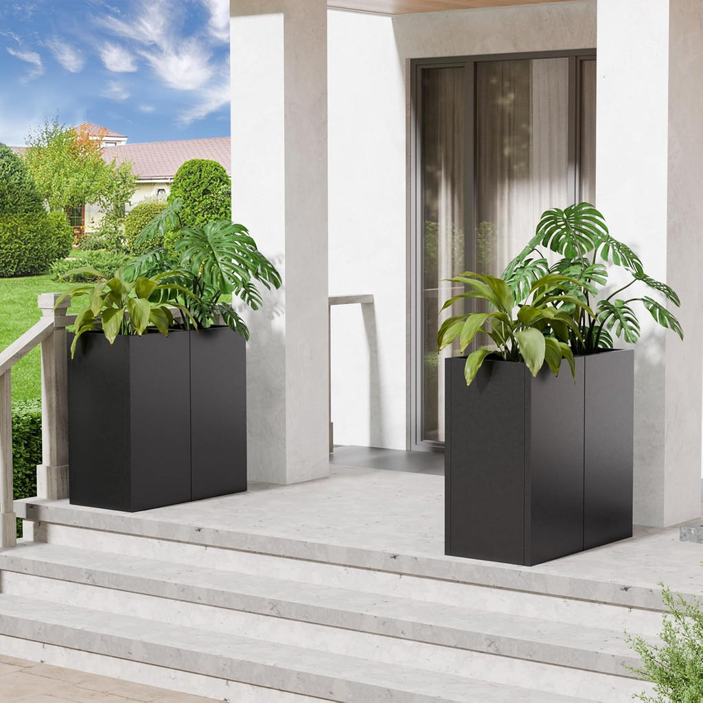 Tall Metal Planters Box for Outdoor Plants 2 Pack- 23.6" Modern Steel Tall Square Planter with Removable Insert Shelf, Heavy Duty Pedestal Planter Front Porch Decor Patio Garden, Black