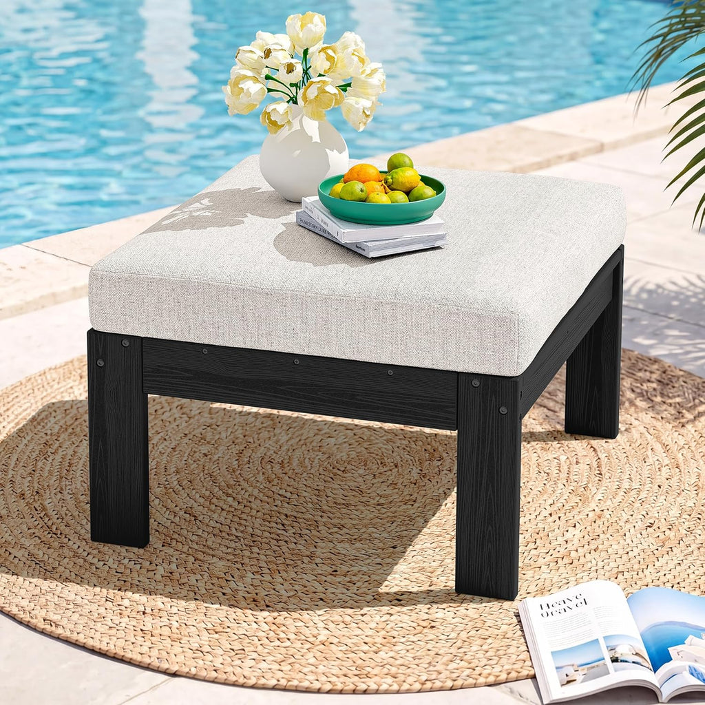 SERWALL Outdoor Ottoman with Cushions for Sofa Set, Black HDPE Frame with Beige Cushions