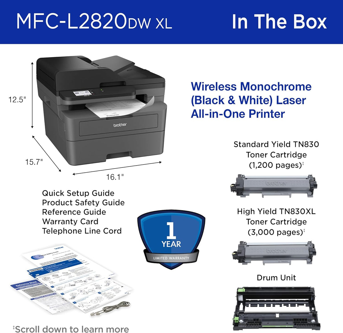 Brother MFC-L2820DW XL Wireless Compact Monochrome All-in-One Laser Printer with Copy, Scan and Fax, Duplex, Black & White | Up to 4,200 Pages of Toner Included(1), Works with Alexa