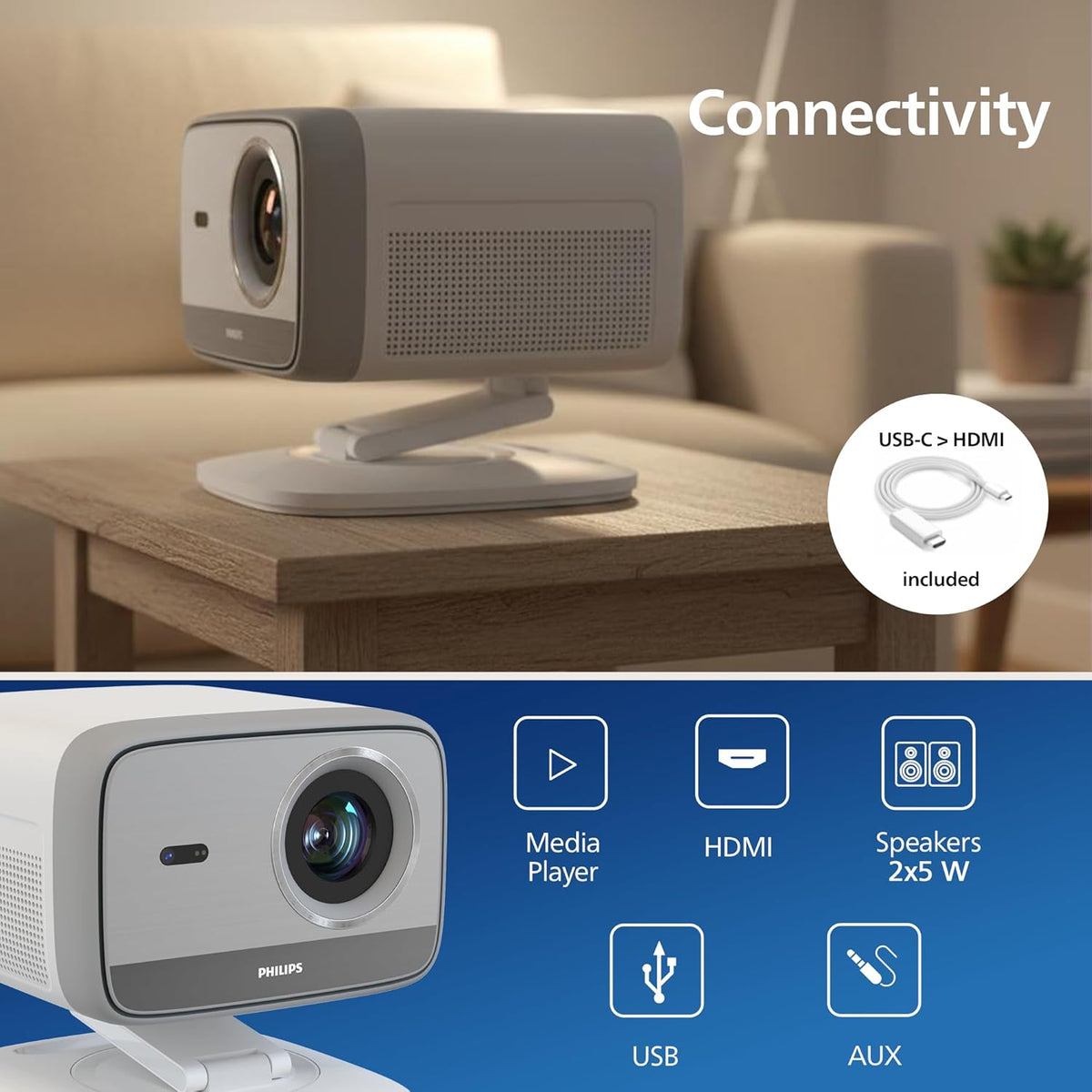 Philips Neopix 444, 4K Video Projector, Native Resolution 1080p, 500 ANSI Lumens, 10-watt Stereo Sound, Autofocus, Auto Keystone, HDMI to USB-C Cable Included, White.