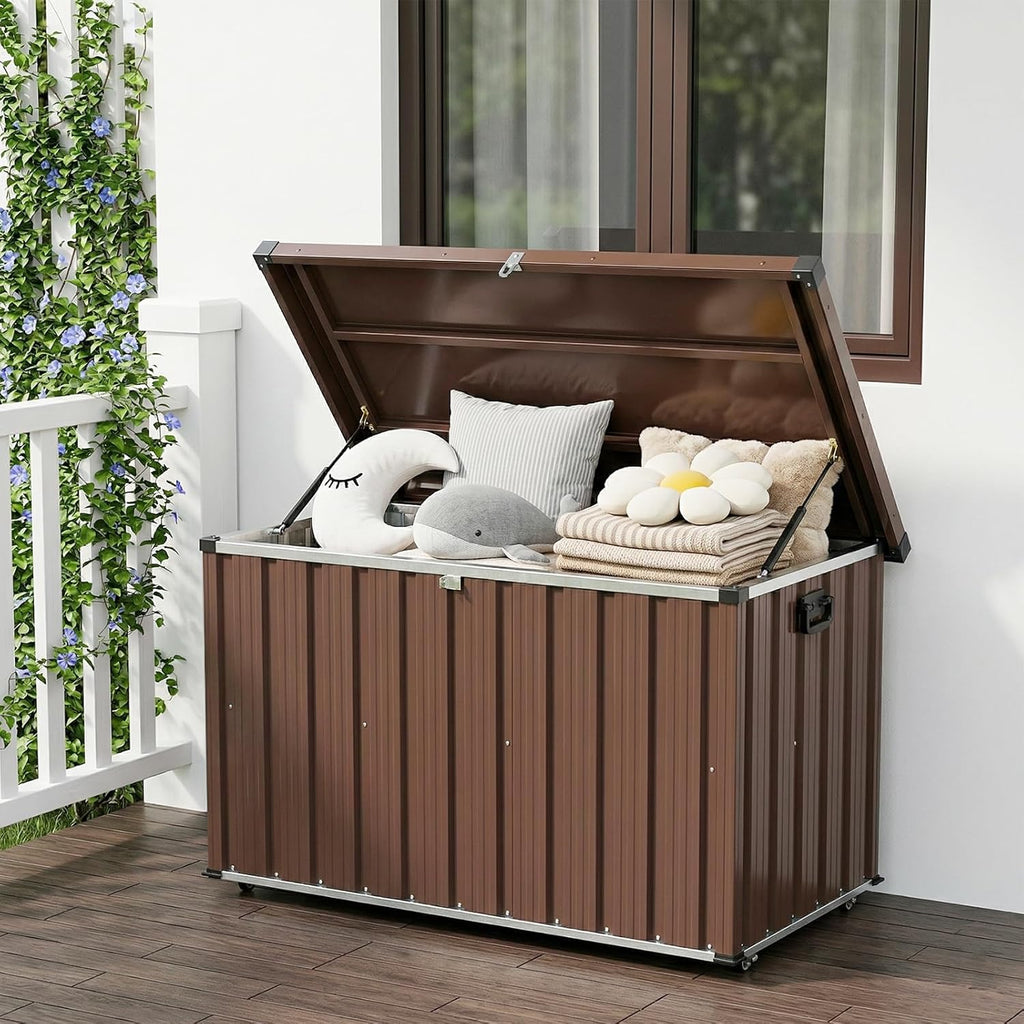 Metal Deck Box 150 Gallon Waterproof Patio Storage Container, Metal Outdoor Storage Box with 0.6 mm Galvanized Steel and 0.3 mm Coated Steel Panels, Large Bin with Wheels for Deck, Porch, Pools