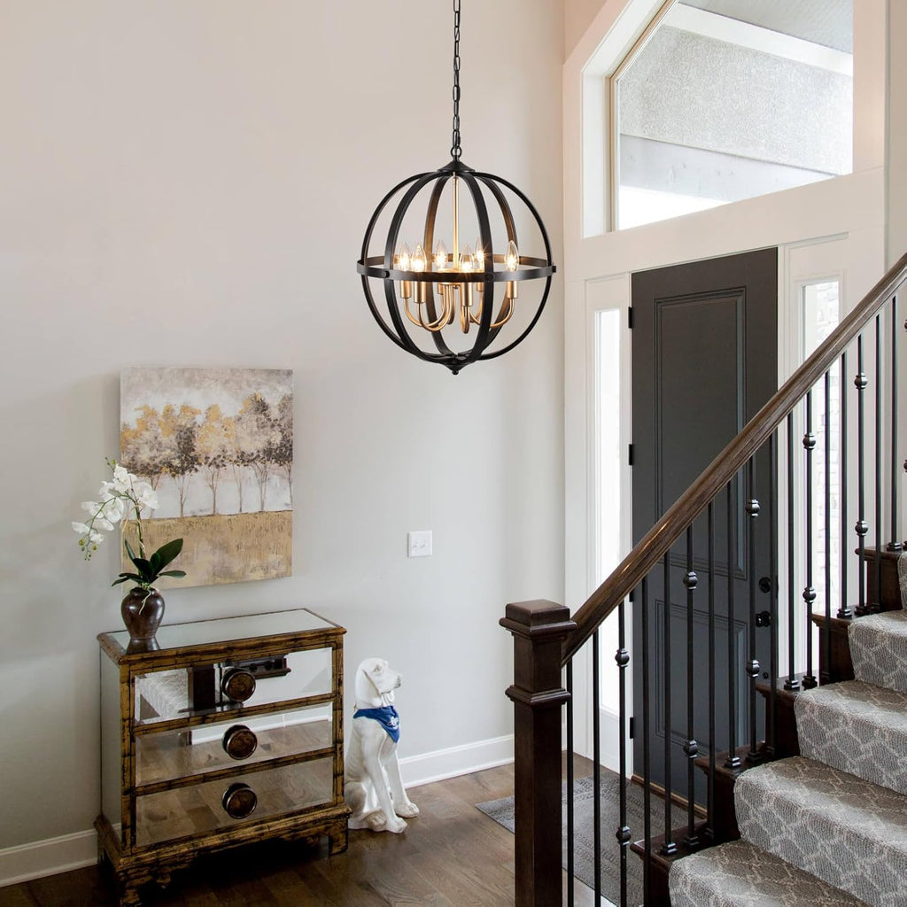 17.12'' Black and Gold Chandelier for Dining Room, 6-Light Modern Farmhouse Globe Chandelier, Metal Industrial Orb Pendant Light Adjustable Entryway Light Fixture for Kitchen Island Foyer