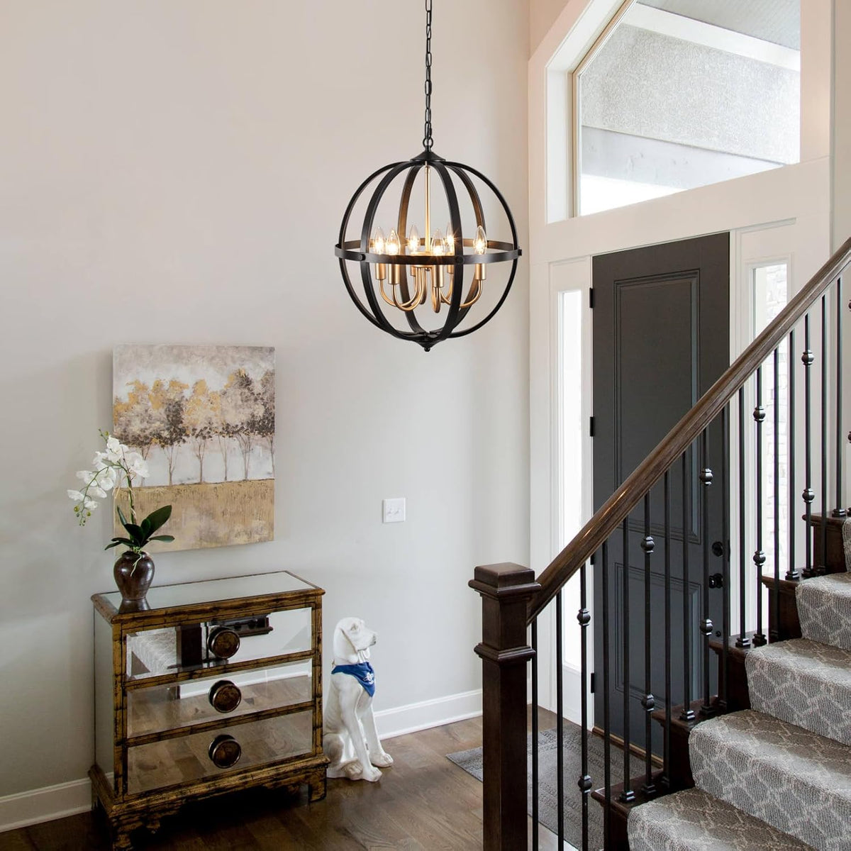 17.12'' Black and Gold Chandelier for Dining Room, 6-Light Modern Farmhouse Globe Chandelier, Metal Industrial Orb Pendant Light Adjustable Entryway Light Fixture for Kitchen Island Foyer