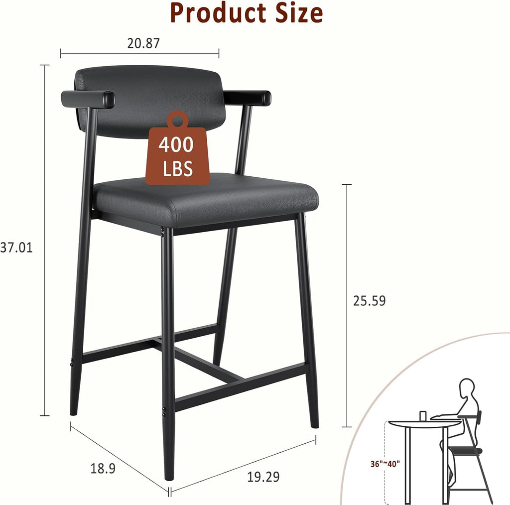 IDEALHOUSE Bar Stools Set of 4 with Armrests, Counter Height Bar Stools Set with Footrest & Soft Back, Metal Barstools Set with Wide Upholstered Seat for Kitchen Islands, Counter Bars, Rustic Black