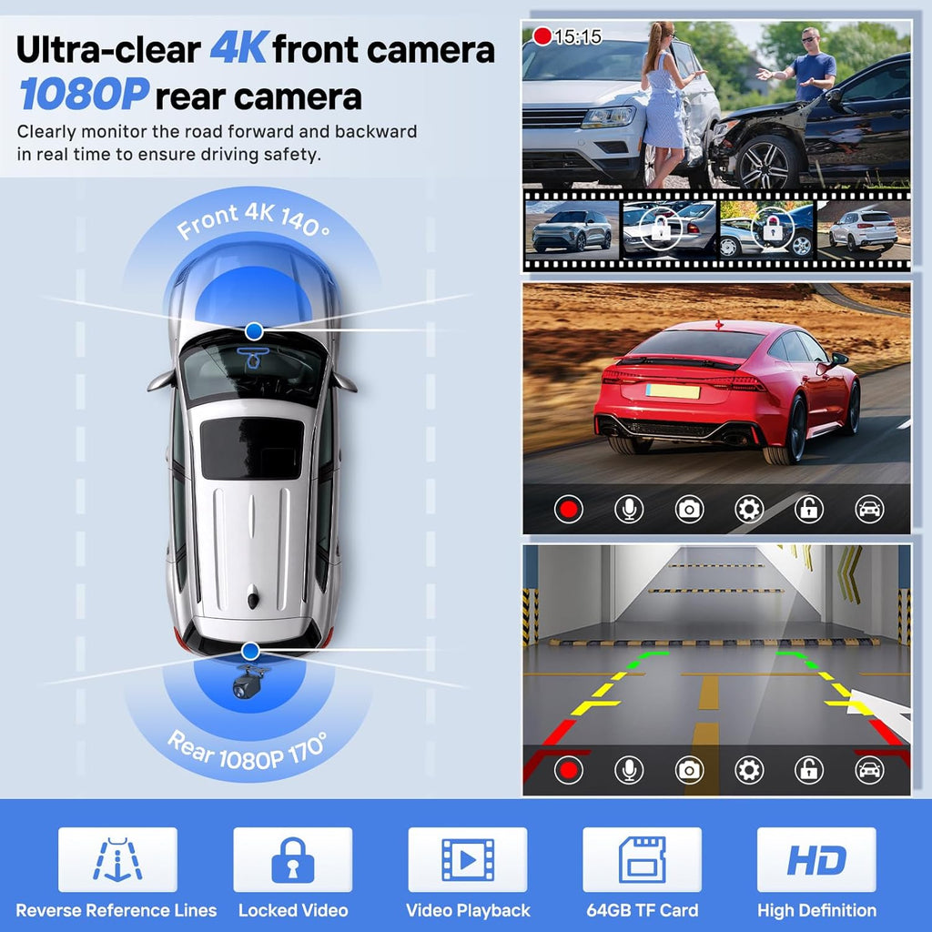 9" Wireless Apple Carplay Screen for Car with 4K Dash Cam, Portable Apple Carplay & Android Auto with 1080p Backup Camera DVR, Voice Control/GPS Navigation/Mirror Link/BT