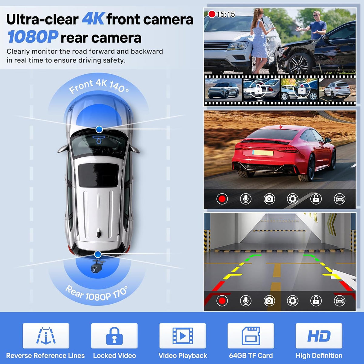 9" Wireless Apple Carplay Screen for Car with 4K Dash Cam, Portable Apple Carplay & Android Auto with 1080p Backup Camera DVR, Voice Control/GPS Navigation/Mirror Link/BT