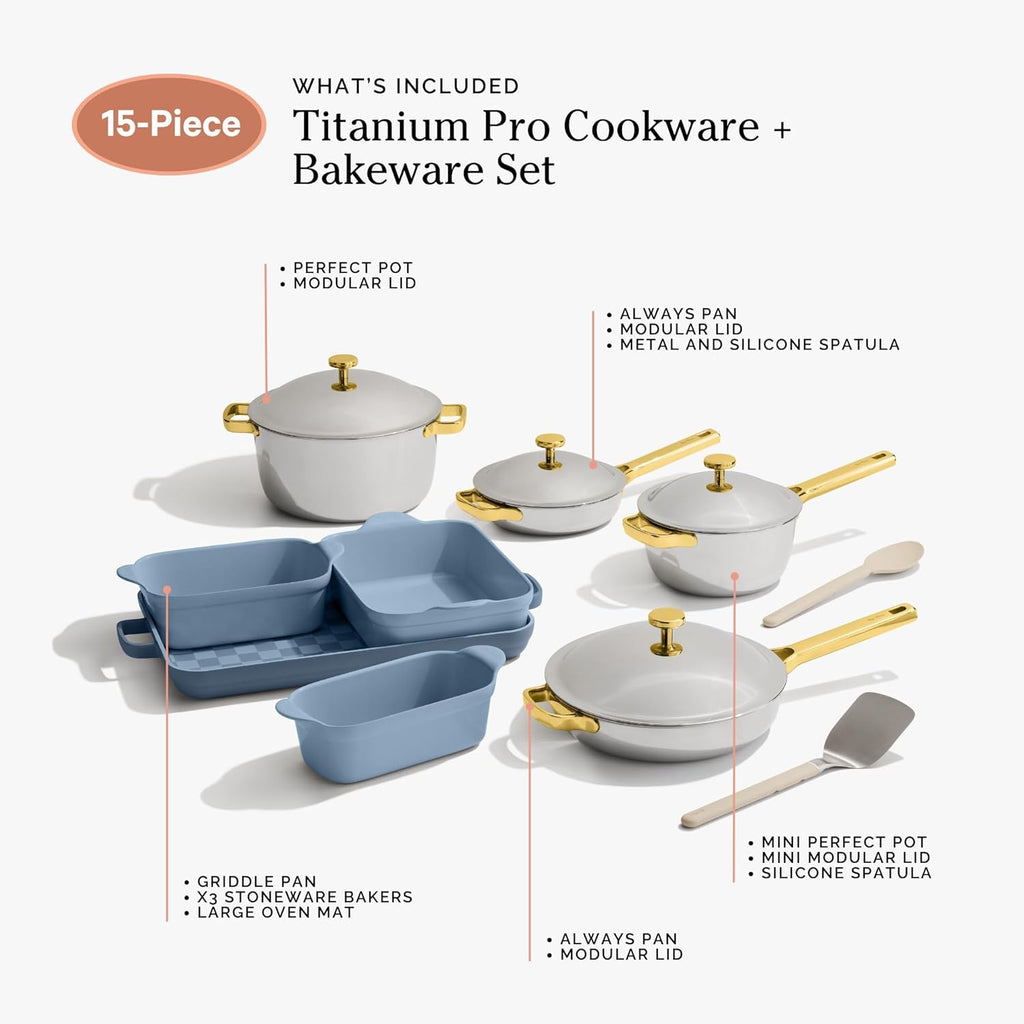 Our Place Titanium Pro Cookware & Bakeware Set | 15-Piece Non-toxic Nonstick Kitchenware with Titanium Always Pan Pro, Perfect Pot Pro, Minis & Ceramic Bakeware with Stovetop Griddle | Blue Salt