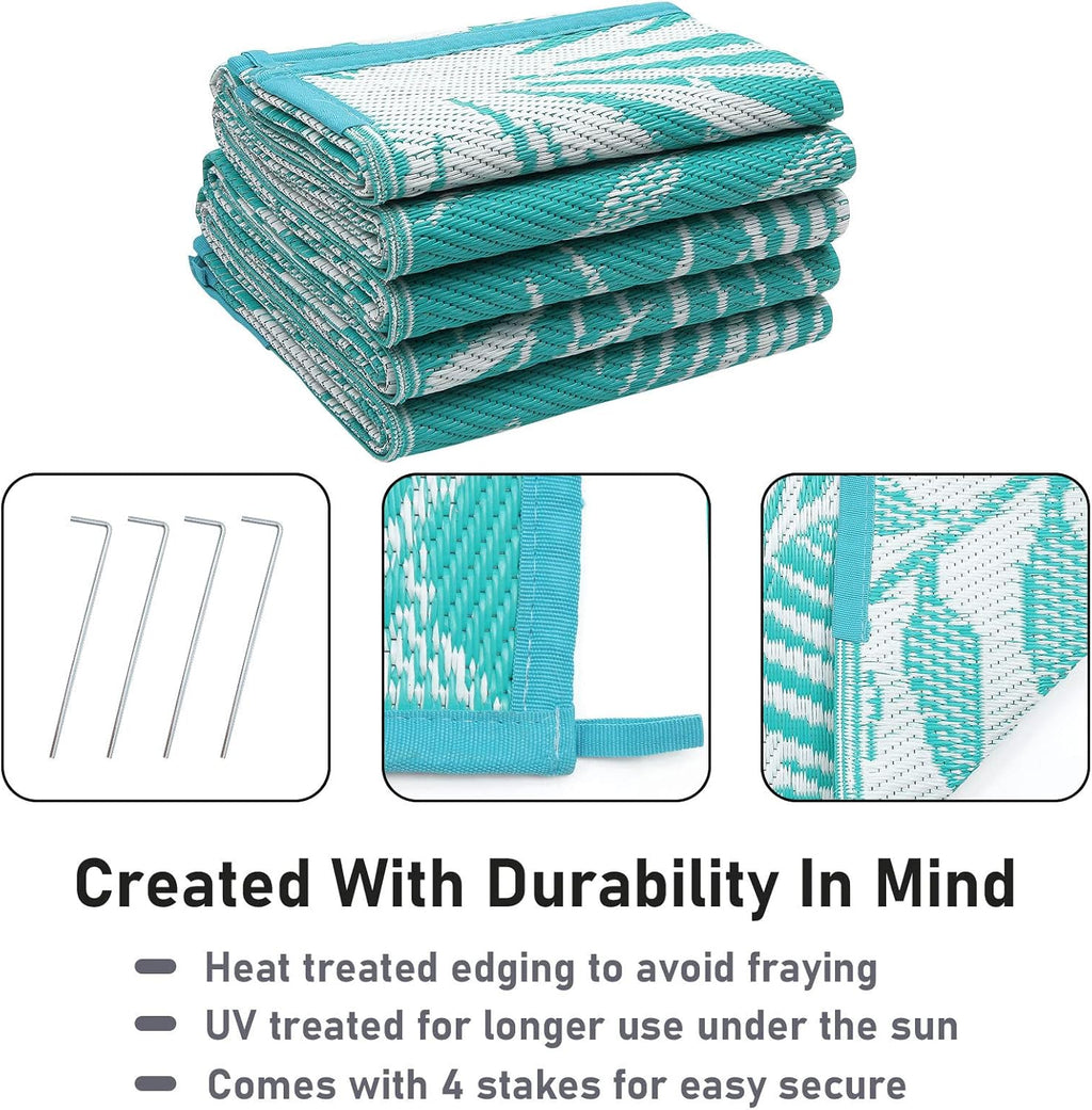Outdoor Rug Waterproof for Patios Clearance, 10'x14' Quick Drying Outdoor Plastic Straw Rug Camping Carpet, Outside Floor Mats Large Area Rugs for RV,Patio,Deck,Porch, Beach, Balcony,Teal&White