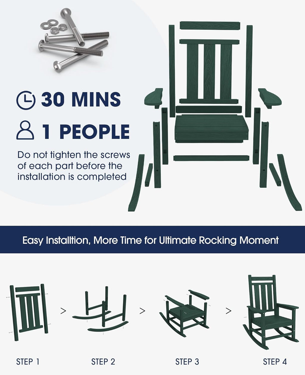 KINGYES Oversized Outdoor Rocking Chair Set of 2, All-Weather Patio Rocking Chairs for Porch, HDPE Outdoor Patio Recliner Rockers with High Back & Wide Seat for Garden, Lawn, Green