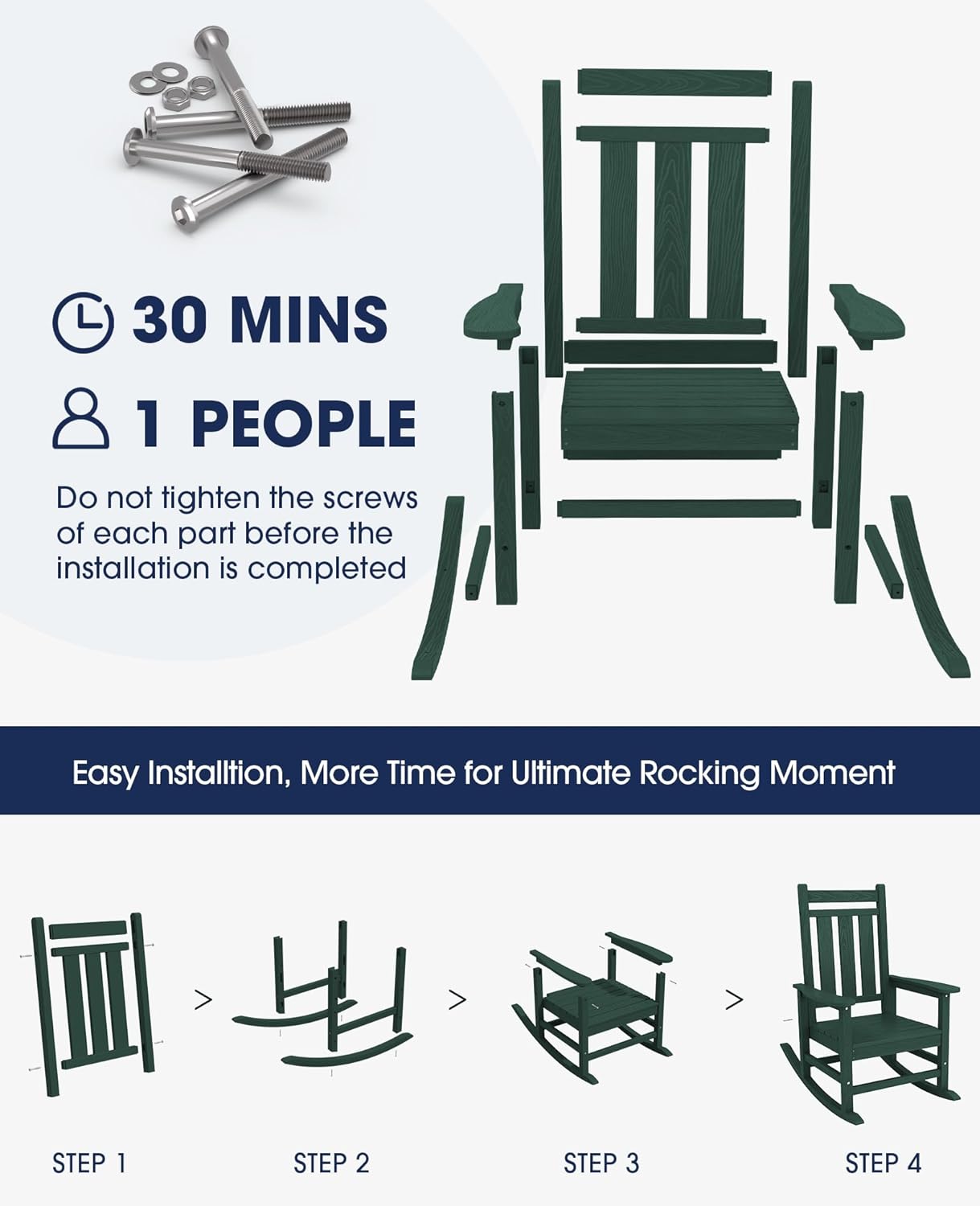 KINGYES Oversized Outdoor Rocking Chair Set of 2, All-Weather Patio Rocking Chairs for Porch, HDPE Outdoor Patio Recliner Rockers with High Back & Wide Seat for Garden, Lawn, Green