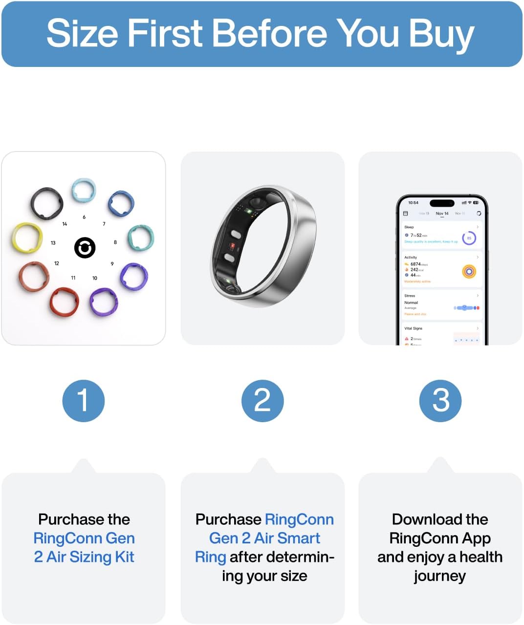 RingConn Gen 2 Air, Ultra-Thin AI Smart Ring, 10-Day Battery Life, Fitness/Sleep/Stress/HR Tracker for Women&Men, No App Fee for Standard Features, iOS & Android Compatible (Size 10, Galaxy Sliver)