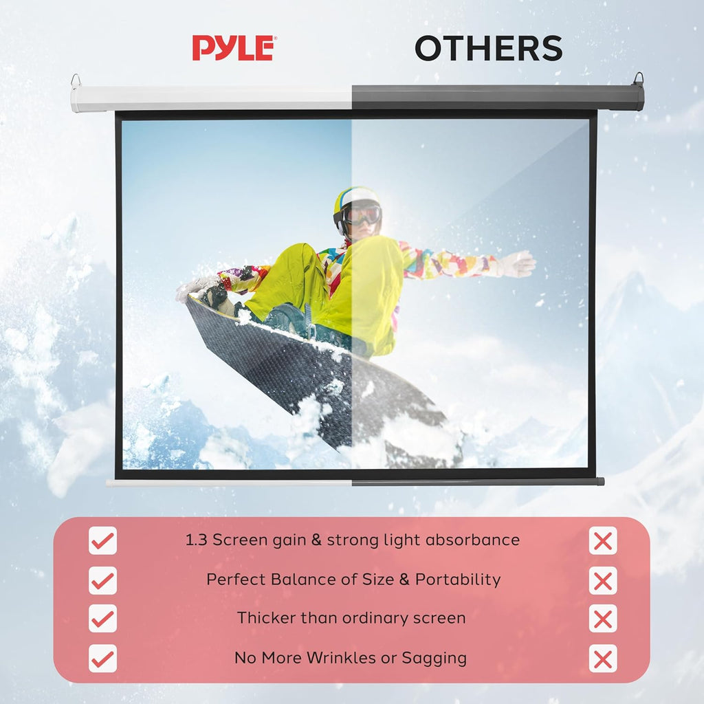 Pyle 72" Portable Motorized Matte White Projector Screen - Automatic Projection Display with Wall/Ceiling Mount, Remote and Case - for Home Movie Theater, Slide/Video Showing - PRJELMT76