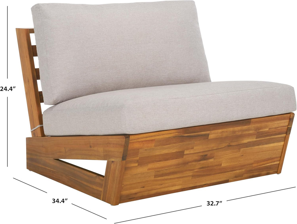 SAFAVIEH Outdoor - Lynn Lounge Chair Set of 2 - Natural & Light Grey - Solid Wood with Cushion - Modern Slatted Lounge Design - Ideal for Patio, Deck, Poolside, Backyard (PAT7328B-SET2)