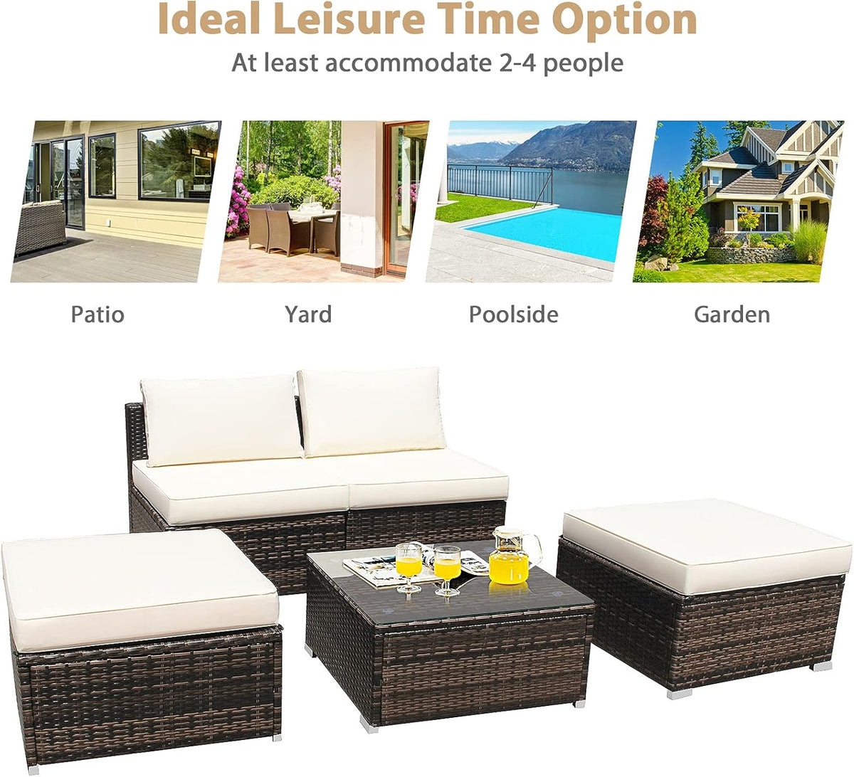 HAPPYGRILL 5 Pieces Chaise Lounge Set with Ottoman & Coffee Table Outdoor Rattan Wicker Lounge Chair Daybed Conversation Sofa Set with Cushions for Garden Balcony Poolside Backyard
