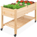 Best Choice Products Raised Garden Bed 48x24x32-inch Mobile Elevated Wood Planter w/Lockable Wheels, Storage Shelf, Protective Liner - Natural