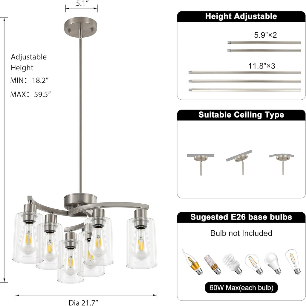 6 Light Modern Brushed Nickel Pendant Light Fixture for Dining Room .Kitchen Pendant Lighting Over Island .Adjustable Height Farmhouse Dining Chandeliers Over Table .with Glass Shade