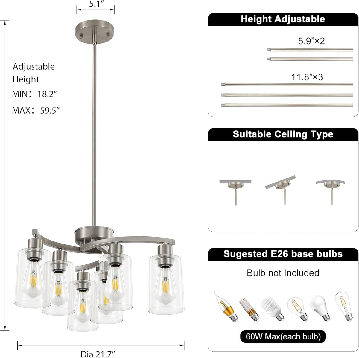 6 Light Modern Brushed Nickel Pendant Light Fixture for Dining Room .Kitchen Pendant Lighting Over Island .Adjustable Height Farmhouse Dining Chandeliers Over Table .with Glass Shade