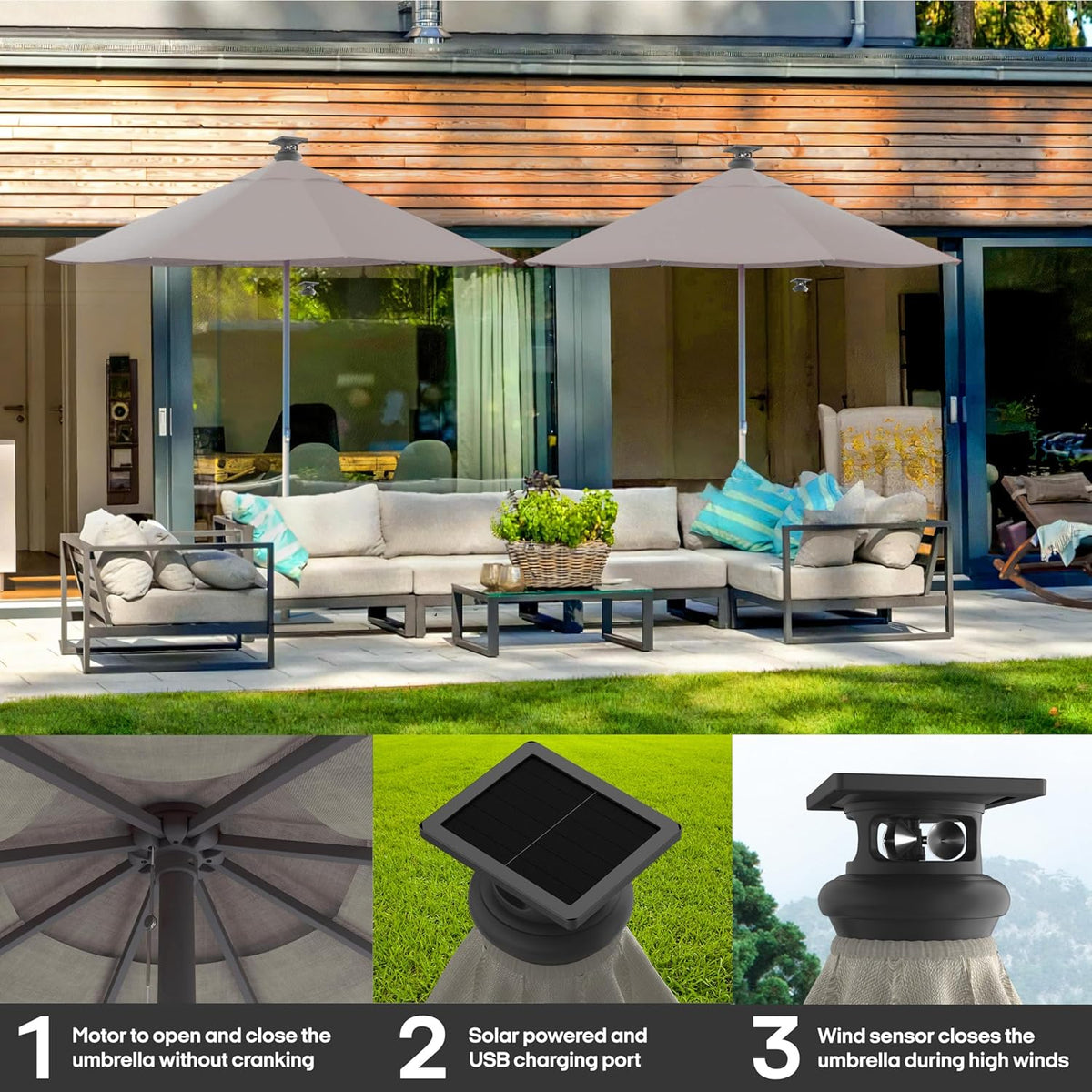 Above Height 2 Series Motorized Patio Umbrella – Remote, Solar & USB-C Charging, Center LED, Wind Sensor Auto-Close, Rust-Resistant Aluminum, UV Block for Backyard, Pool, Garden, or Beach