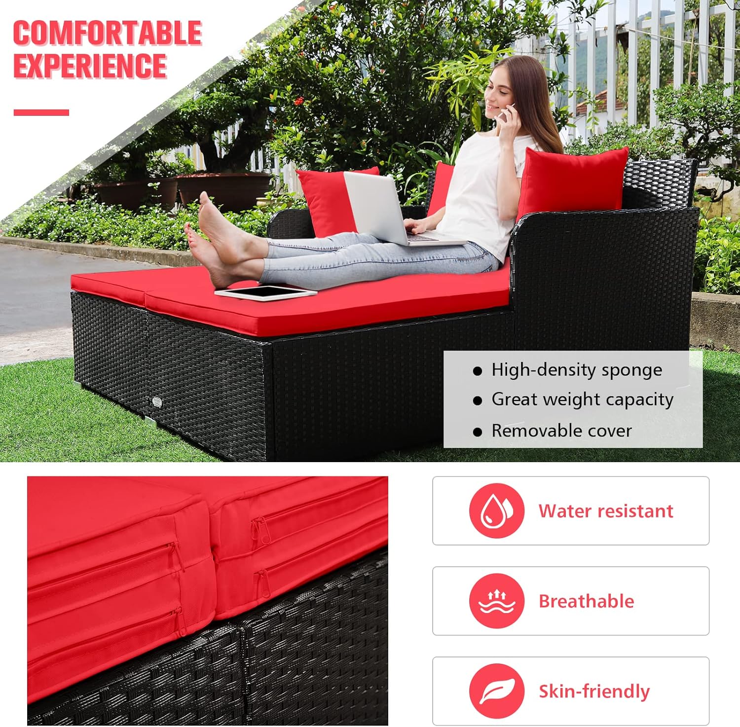 RELAX4LIFE Rattan Patio Outdoor Daybed, Wicker 2-Person Sunbed Loveseat with Soft Cushions, 4 Pillows, Curved Backrest & Armrest, Double Bed Lounger Sofa Set for Balcony Porch, Patio Bed (Red)
