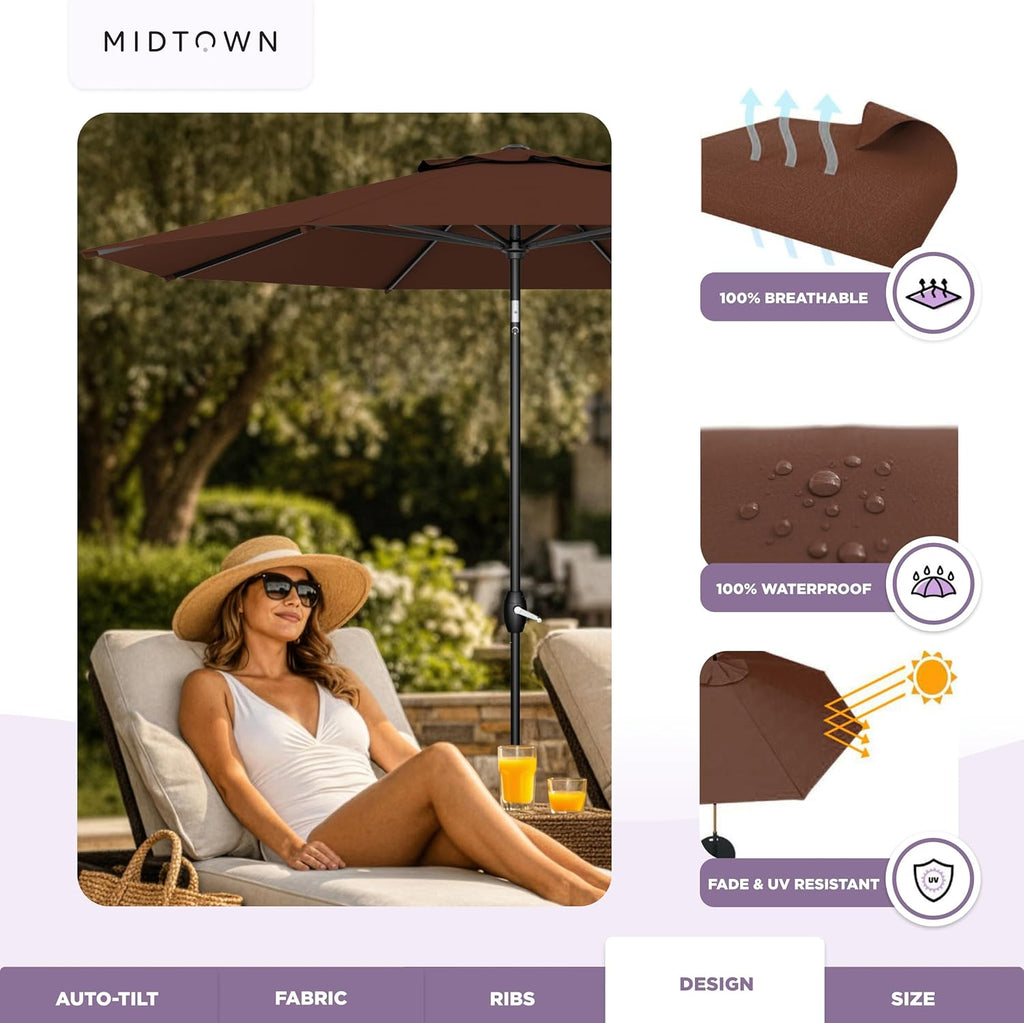 Midtown Umbrellas - The Lean 9 Ft Patio Umbrella with Fade-Resistant Sunbrella Fabric, Auto-Tilt Aluminum Frame and 8 Reinforced Ribs for Deck, Pool & Garden - Bay Brown Canopy, Black Pole