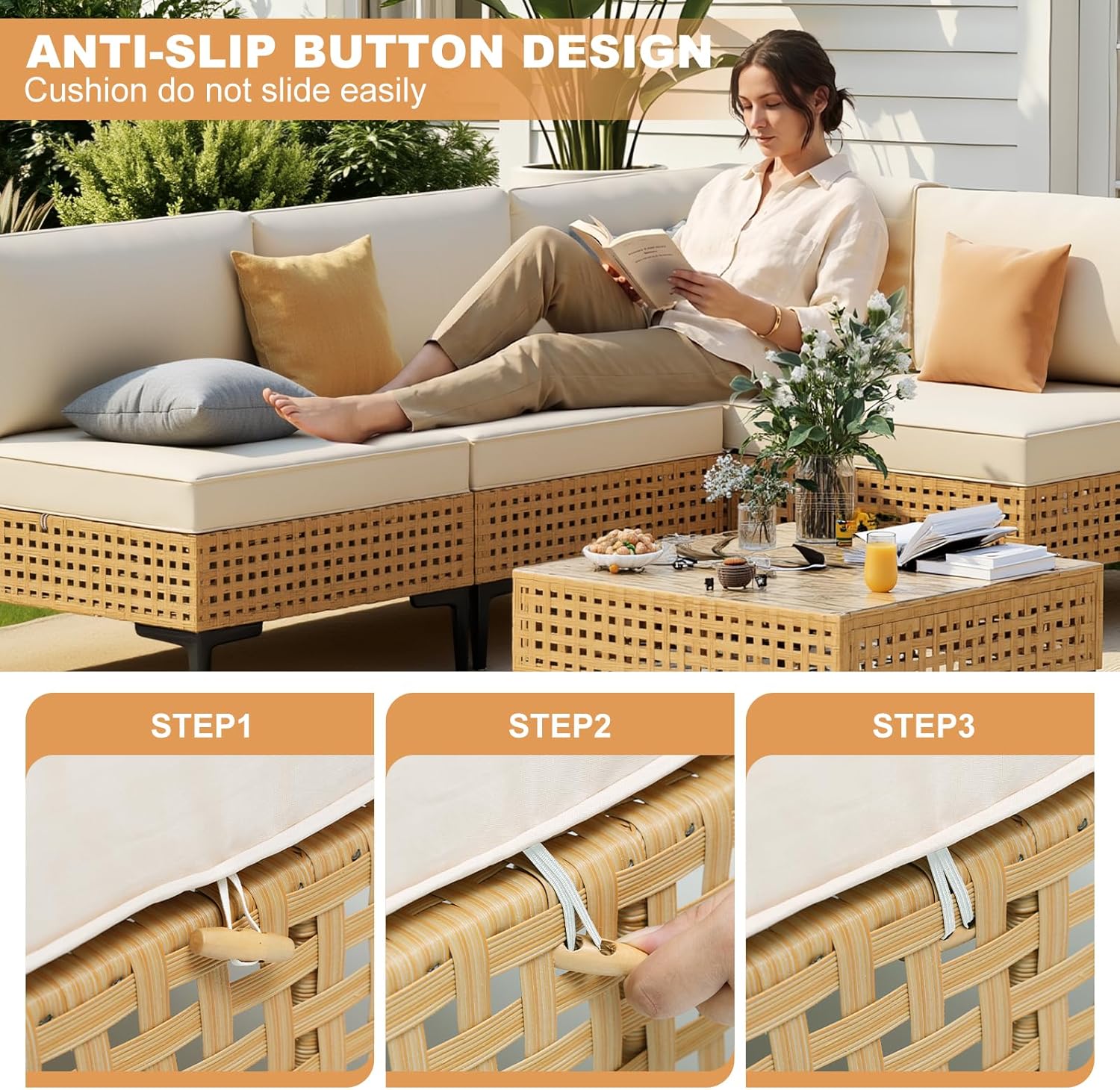 ABCASA Patio Furniture Set, 110" Large 7-Piece Wicker Outdoor Patio Furniture Sets with Anti-Slip Cushions & Coffee Table,Boho Patio Conversation Set Sectional Sofa for Backyard,Porch,Beige