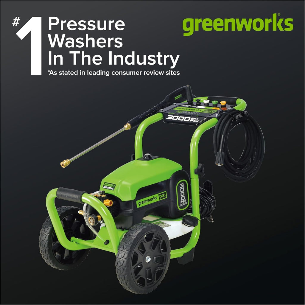 Greenworks 3000 PSI (2.0 GPM Max) Brushless Electric Pressure Washer, Steel Wand, On-Board Soap Tank (15°, 25°, 40°, Soap, and Turbo Nozzle)