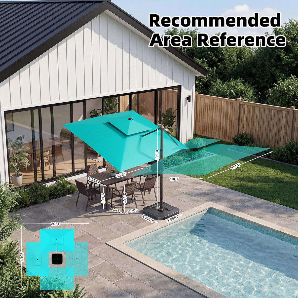 10x10 FT Cantilever Patio Umbrella Double Top Outdoor Square Large Heavy Duty Aluminum Offset Umbrellas with 7 Level Tilt 360-degree Rotation for Pool Garden Deck, Turquoise
