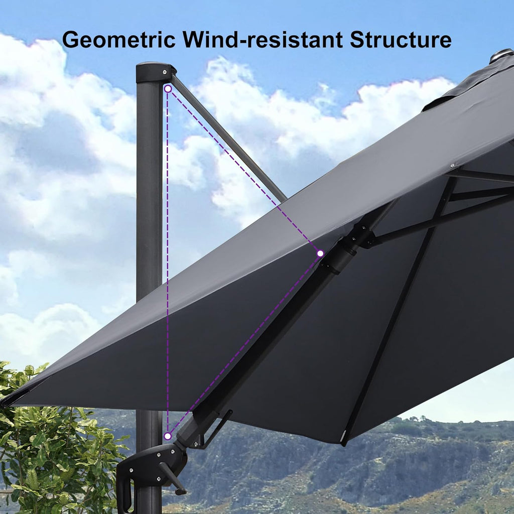 PURPLE LEAF 9.8' X 9.8' Tilting Patio Umbrella with Base Outdoor Cantilever Swivel Square Umbrella with Tilt Aluminum Offset Umbrella with 360-degree Rotation for Garden Deck Pool Patio Light Grey