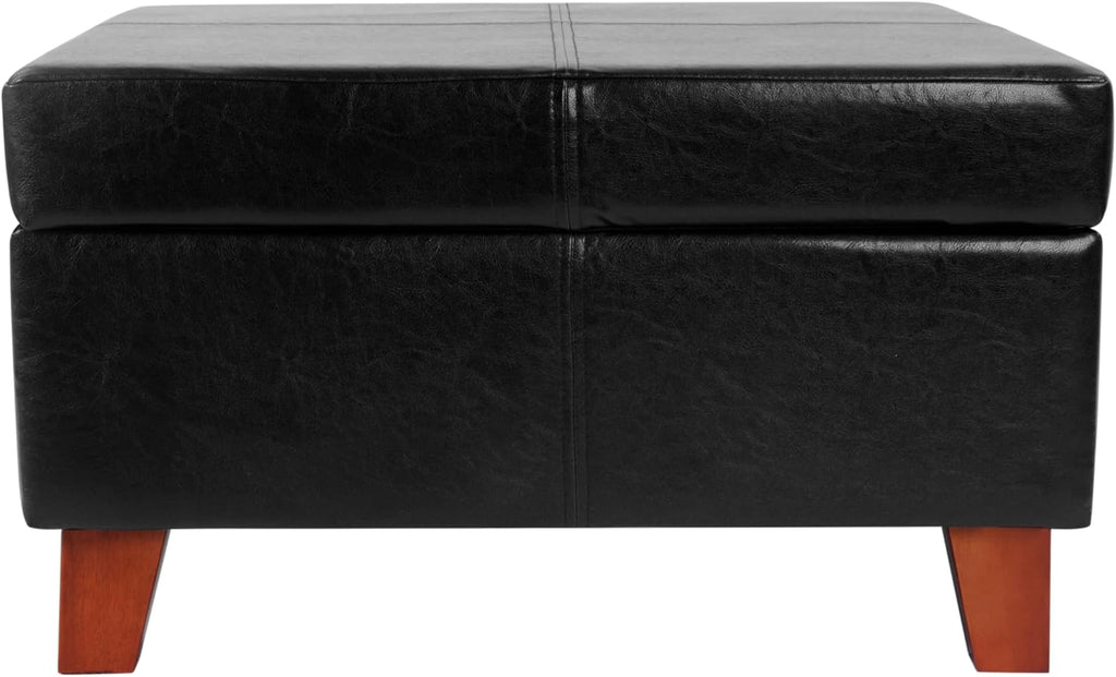 HomePop Faux Leather Square Storage Ottoman with Wood Legs, Black