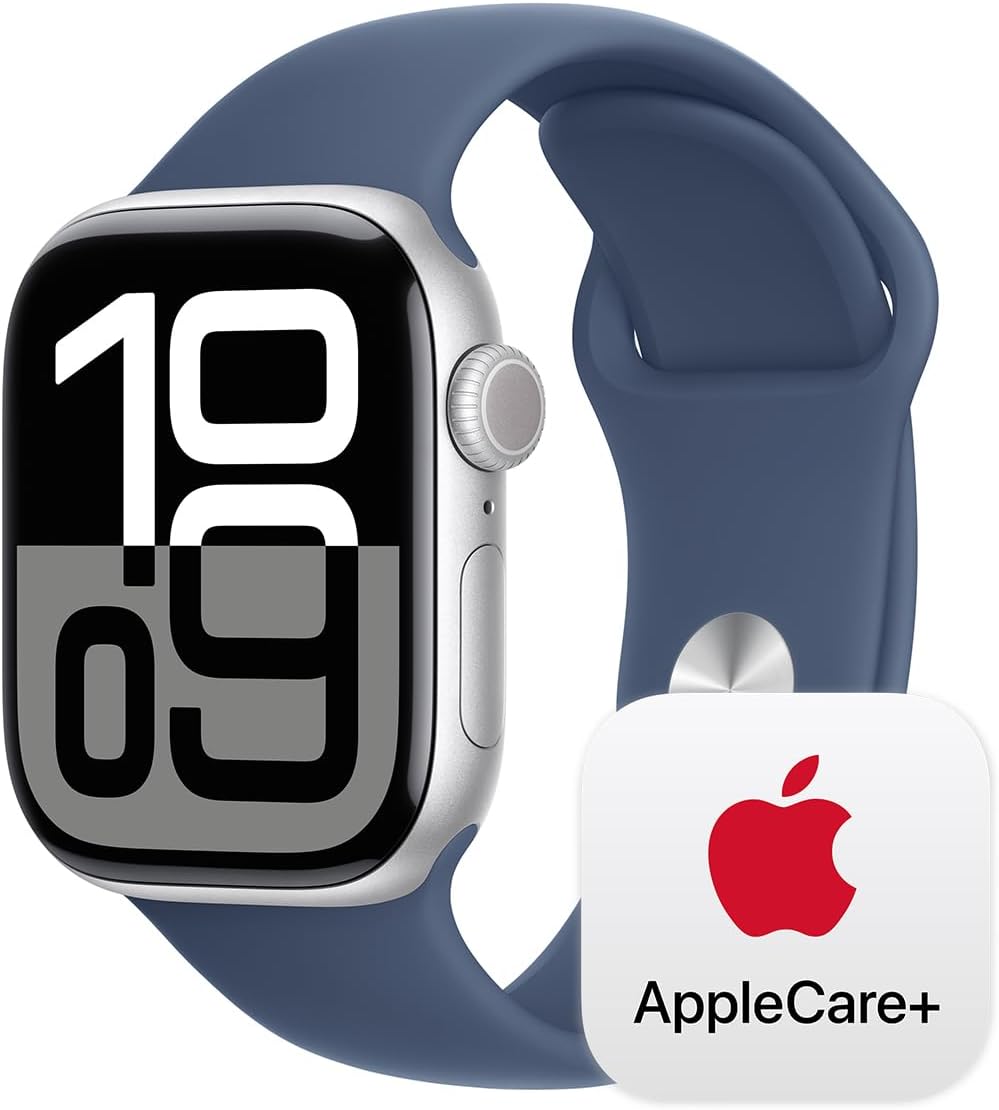 Apple Watch Series 10 GPS 42mm with Silver Aluminium Case with Denim Sport Band - S/M. Fitness Tracker, ECG App, Always-On Retina Display, Water Resistant with AppleCare+ (2-years)