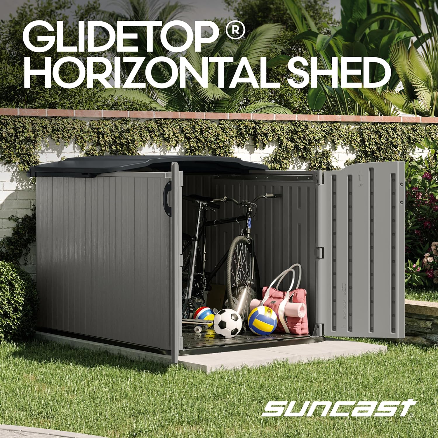Suncast 138 Cu Ft Horizontal Outdoor Storage Shed, 57.5"x79.75"x52" Glidetop Outdoor Shed with Sliding Lid, Resin Storage Sheds with Floor for Bikes, Motorcycles, & Lawn Mower, Made in The USA