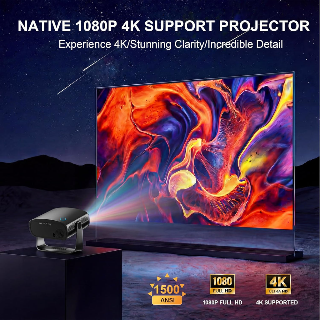 【Compatible with Netflix & Native 1080P】Smart Projector with WiFi and Bluetooth, 4K Support Home Movie Projector, Auto Focus & Keystone Portable Outdoor Projector, Wireless Proyector for Bedroom,Black