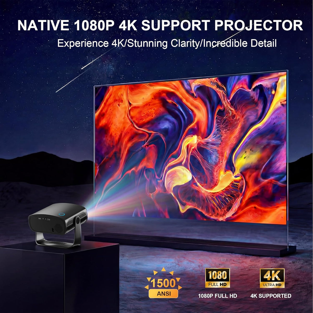 【Compatible with Netflix & Native 1080P】Smart Projector with WiFi and Bluetooth, 4K Support Home Movie Projector, Auto Focus & Keystone Portable Outdoor Projector, Wireless Proyector for Bedroom,Black