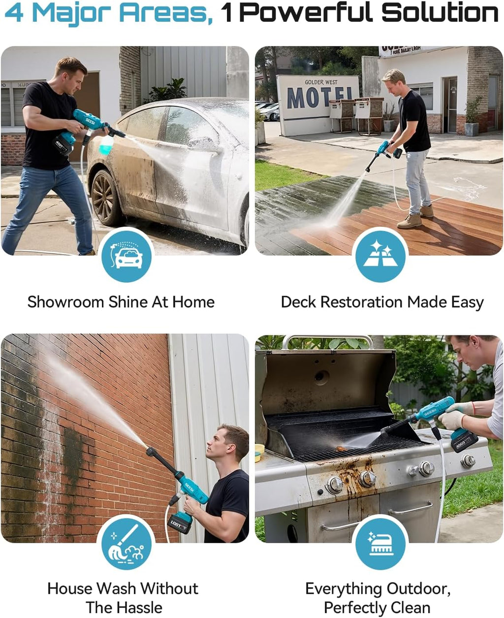 SEESII Cordless Portable Washer, Electric Power Washer with 2x4000mAh Batteries, Lightweight Washer Gun with 6-in-1 Nozzle & 27FT Hose, Handheld Power Cleaner for Car, Driveway, Garden, Patio & Fence