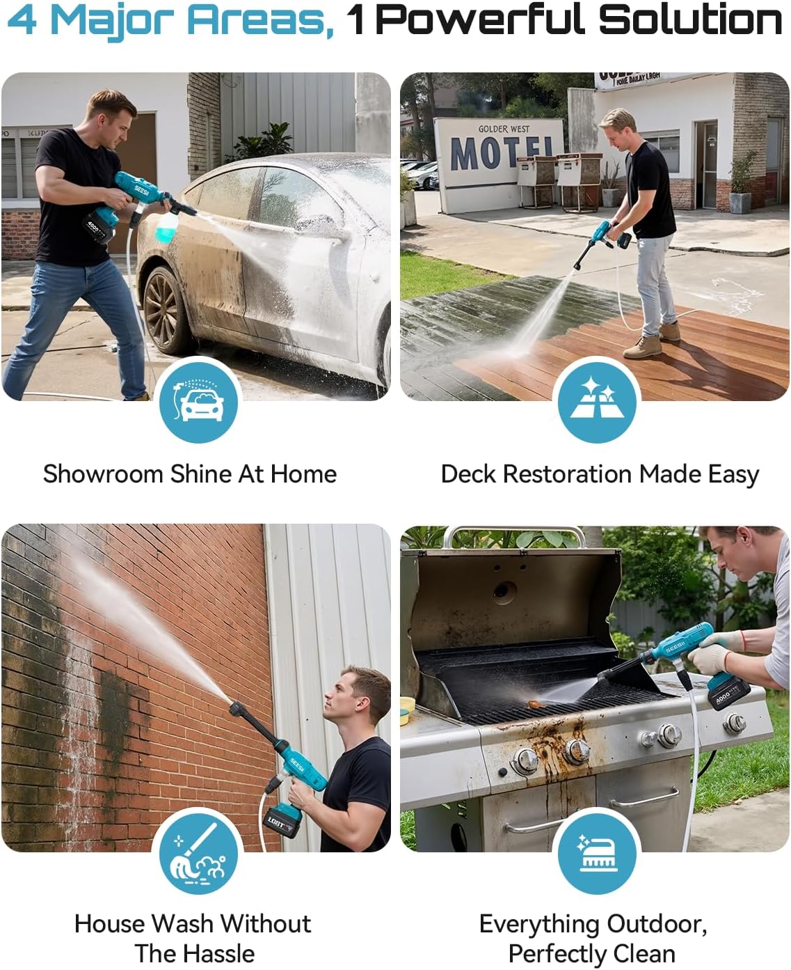 SEESII Cordless Portable Washer, Electric Power Washer with 2x4000mAh Batteries, Lightweight Washer Gun with 6-in-1 Nozzle & 27FT Hose, Handheld Power Cleaner for Car, Driveway, Garden, Patio & Fence